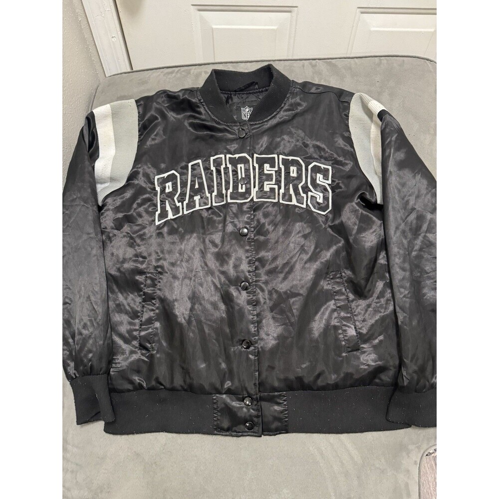 NFL Las Vegas Raiders Satin Jacket Men size Large Black Snap Bomber Varsity Coat